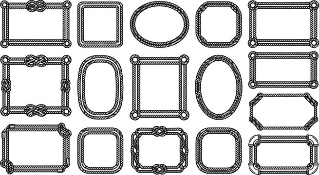 Collection of fifteen rectangular and oval frames made of nautical rope with various knots transparent background