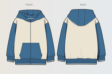 A collection of clean, modern vector apparel technical flats featuring hoodies, sweatshirts, rugby polos, and color-blocked casual wear. Ideal for fashion design, apparel mockups, tech packs © Jerry