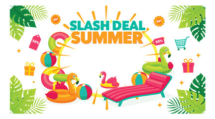 Naklejka premium Exciting summer sale announcement with vibrant beach inflatable toys, tropical leaves, and shopping elements