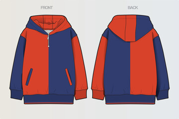 A collection of clean, modern vector apparel technical flats featuring hoodies, sweatshirts, rugby polos, and color-blocked casual wear. Ideal for fashion design, apparel mockups, tech packs © Jerry