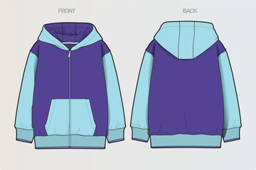 A collection of clean, modern vector apparel technical flats featuring hoodies, sweatshirts, rugby polos, and color-blocked casual wear. Ideal for fashion design, apparel mockups, tech packs © Jerry