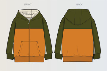 A collection of clean, modern vector apparel technical flats featuring hoodies, sweatshirts, rugby polos, and color-blocked casual wear. Ideal for fashion design, apparel mockups, tech packs © Jerry
