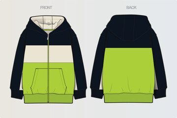 A collection of clean, modern vector apparel technical flats featuring hoodies, sweatshirts, rugby polos, and color-blocked casual wear. Ideal for fashion design, apparel mockups, tech packs © Jerry