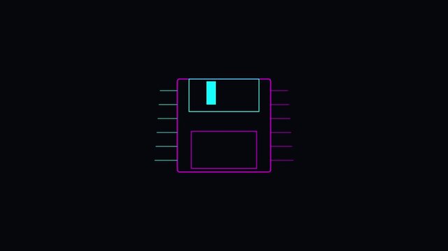 Neon floppy disk animation, retro computing and digital data storage concept 4k