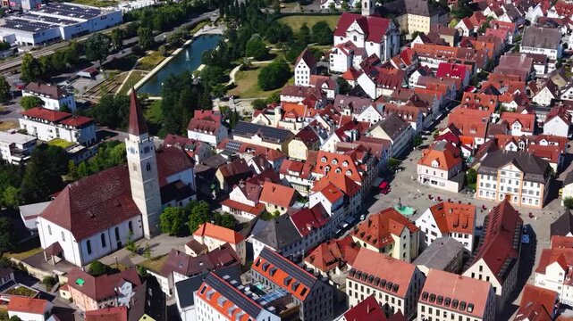 Aerial view around the old town  of the city Ehingen an der Donau in  south Germany on a sunny spring day