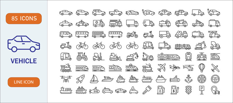 Vehicle and transportation outline icon set. 85 editable stroke line icons of car, bike, plane, train, bus, and logistics. Vector graphic illustration