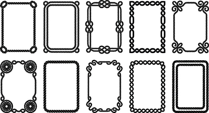Set of vertical rectangular frames made of nautical rope, various knot and twist designs, vector illustration isolated on white background transparent background