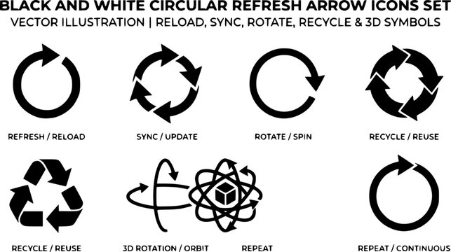 Circular Refresh Arrow Icons Set Vector Illustration, Rotate, Reload, Sync, Recycle and 3D Rotation Symbols Collection