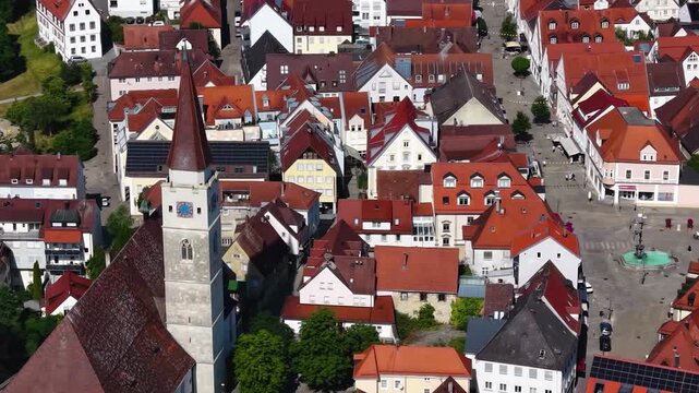 Aerial view around the old town  of the city Ehingen an der Donau in  south Germany on a sunny spring day