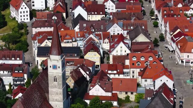 Aerial view around the old town  of the city Ehingen an der Donau in  south Germany on a sunny spring day