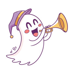 Halloween ghost, cartoon character, party hat, trumpet player, white background, festive illustration, vector © ahosan
