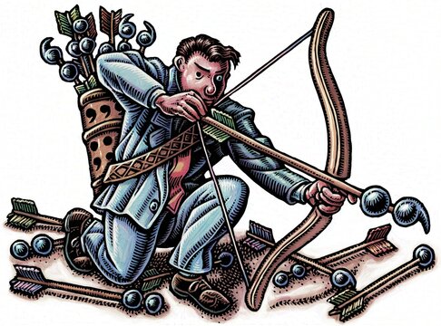 White man in business suit fires a bow with arrows tipped with punctuation marks like commas and apostrophes