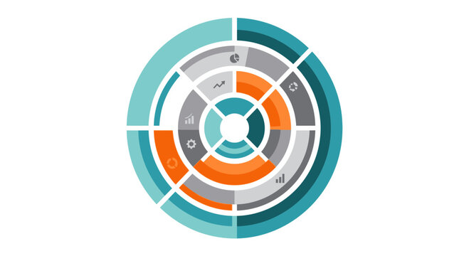 Circular infographic with charts and icons, data visualization, analytics concept
