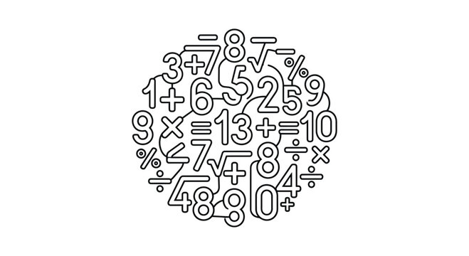 Circular math symbols and numbers educational line art.