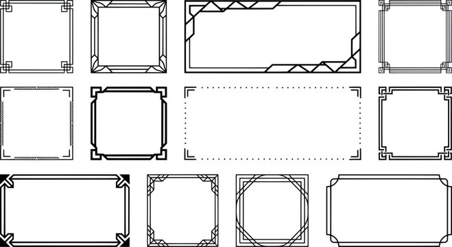 Set of art deco style frames and borders with geometric patterns, vector illustration isolated on white background transparent background