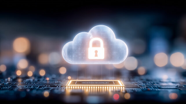 Cloud lock icon above a microchip, representing cloud security, encrypted data storage, and protected digital infrastructure.
