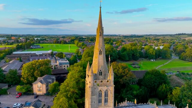 Aerial view of All saint church in Oakham, a market town and civil parish in Rutland in the East Midlands of England, UK