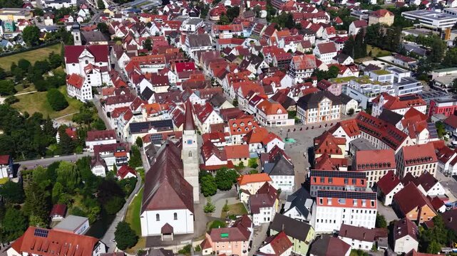 Aerial view around the old town  of the city Ehingen an der Donau in  south Germany on a sunny spring day