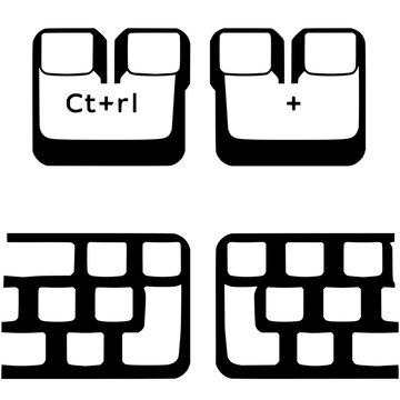 Keyboard key pairs set with minimalist vector illustration of a 2x2 grid featuring Ctrl, C, Ctrl, V, plus sign with black outline and monochrome