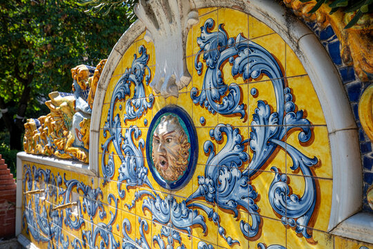 Detail of colorful ceramics in El Prado Park, Talavera de la Reina, Toledo, Spain.