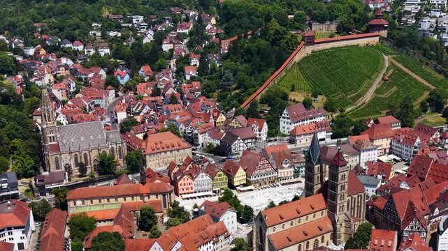 A panoramic aerial view beside the old town in the city Esslingen in Germany on a sunny summer afternoon. 