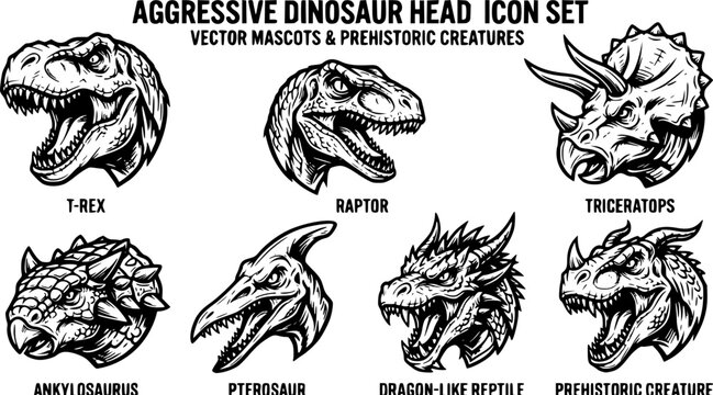 Aggressive Dinosaur Head Icon Set Featuring T Rex, Raptor, Triceratops, Ankylosaurus, Pterosaur, Dragon-Like Reptile Mascots, and Prehistoric Creature Vector Designs