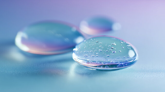 Transparent hydrogel contact lenses with water droplets on a smooth surface, representing eye care, hydration, and vision correction.
