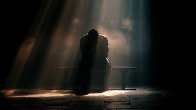 Man sits alone on a bench in a dark room with light shining down