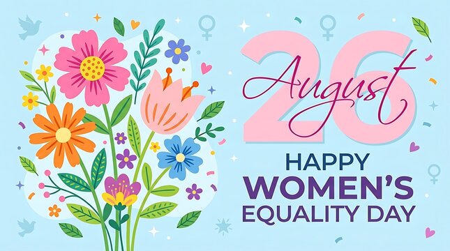 August 26 happy women's equality day greeting card with colorful floral bouquet illustration equality celebration greeting