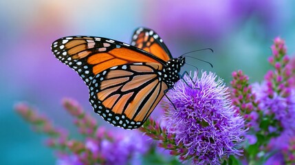 Obraz premium Monarch butterfly rests on a purple flower in a nature setting during daylight hours