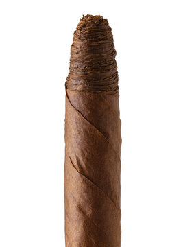 Isolated traditional hand-rolled premium dark brown cigar with textured wrapper and unique cap