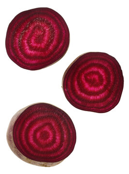 Isolated fresh beetroot slices showing vibrant red and purple concentric rings for cooking