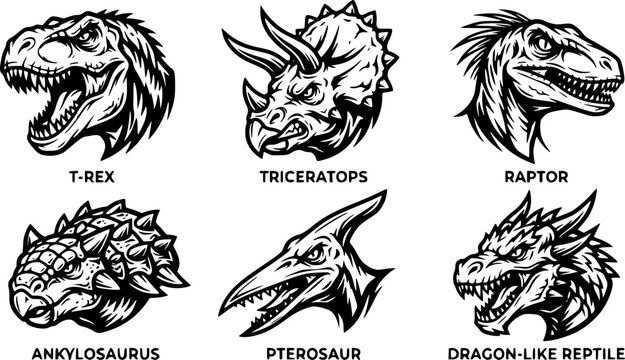 Aggressive Dinosaur Head Icon Set Featuring T Rex, Raptor, Triceratops, Ankylosaurus, Pterosaur, Dragon-Like Reptile Mascots, and Prehistoric Creature Vector Designs