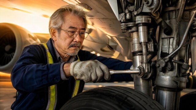 Senior Asian Aircraft Maintenance Engineer Inspecting Landing Gear of a Commercial Airplane at Sunset