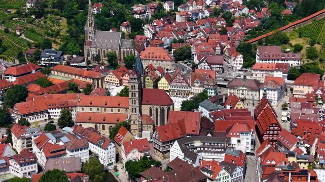 A panoramic aerial view beside the old town in the city Esslingen in Germany on a sunny summer afternoon. 