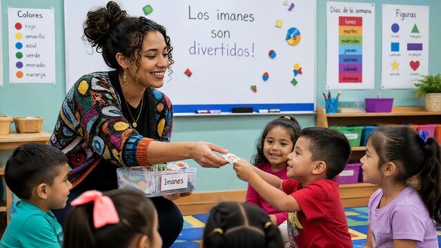 Smiling Hispanic Teacher and Preschool Children Exploring Magnets in Bilingual Classroom
