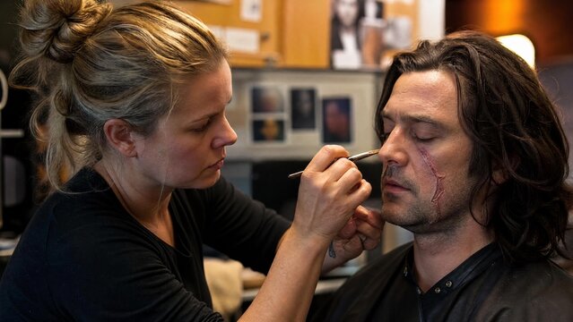 Professional Makeup Artist Applying SFX Realistic Scar on Actor's Face Behind the Scenes