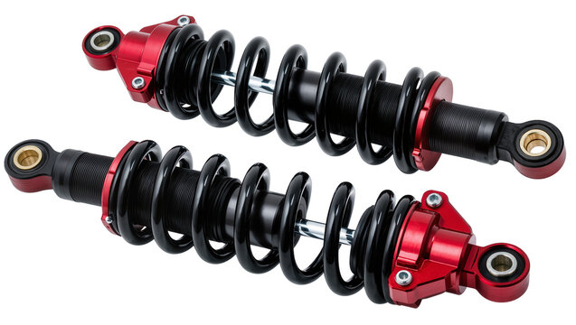 Isolated pair of high-performance red and black coilover suspension shock absorbers