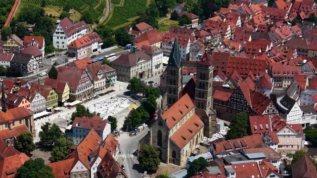 A panoramic aerial view beside the old town in the city Esslingen in Germany on a sunny summer afternoon. 