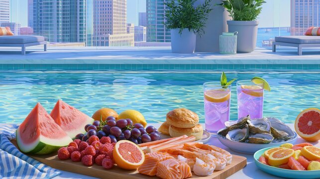Poolside with seafood and fruit offering a view of the city skyline during a sunny day