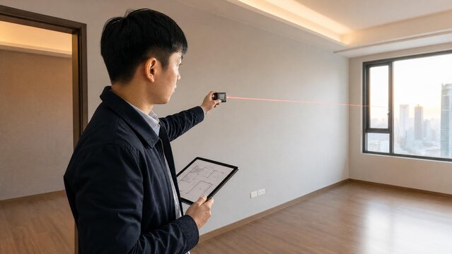 Professional Real Estate Agent Measuring Empty Modern Apartment with Laser Distance Meter and Digital Tablet
