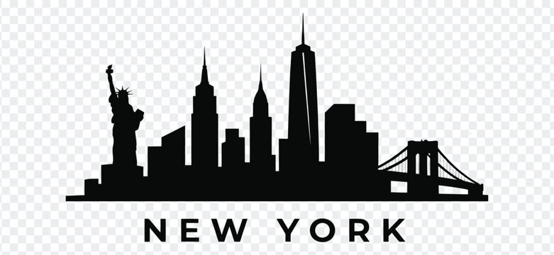 New york city skyline silhouette with statue of liberty and brooklyn bridge