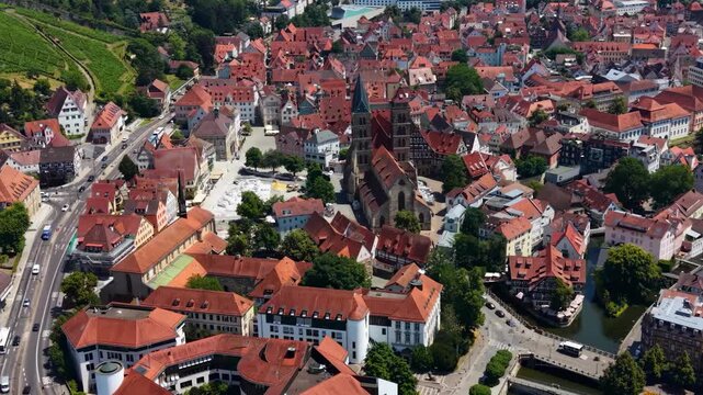 A panoramic aerial view beside the old town in the city Esslingen in Germany on a sunny summer afternoon. 