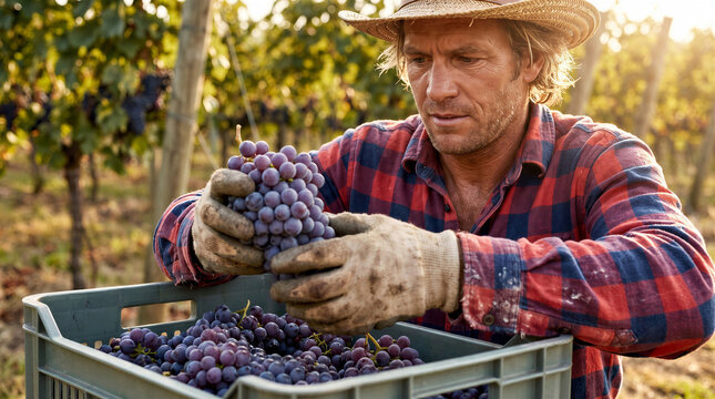 Male winemaker harvesting ripe blue grapes in plastic crate at vineyard