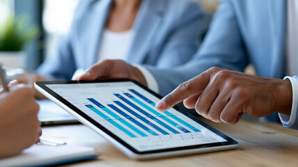 Fototapeta premium Business team analyzing graphs on a tablet while a secretary takes notes, corporate strategy, data-driven planning, with copy space