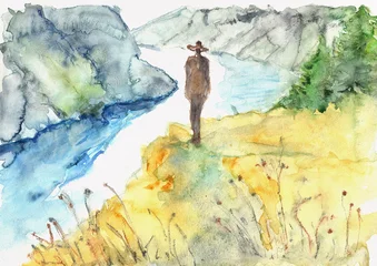 Solitary Wanderer Viewing Mountain Lake and Golden Meadow, hand-painted watercolor © pronoia