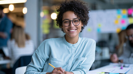 Obraz premium Smiling office worker taking notes during a creative team discussion, brainstorming, agency planning, business communication, with copy space