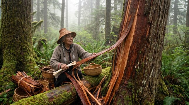Tlingit Cedar Bark Basket Maker Crafting Traditional Woven Basket in Rainforest