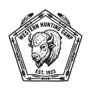 Western hunting camp emblem with bison head illustration