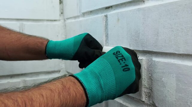 Two gloved hands installing electrical outlet on white brick wall